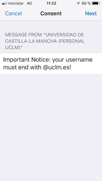 Pantalla iOS informando formato de usuario según colectivo para eduroamCAT UCLM