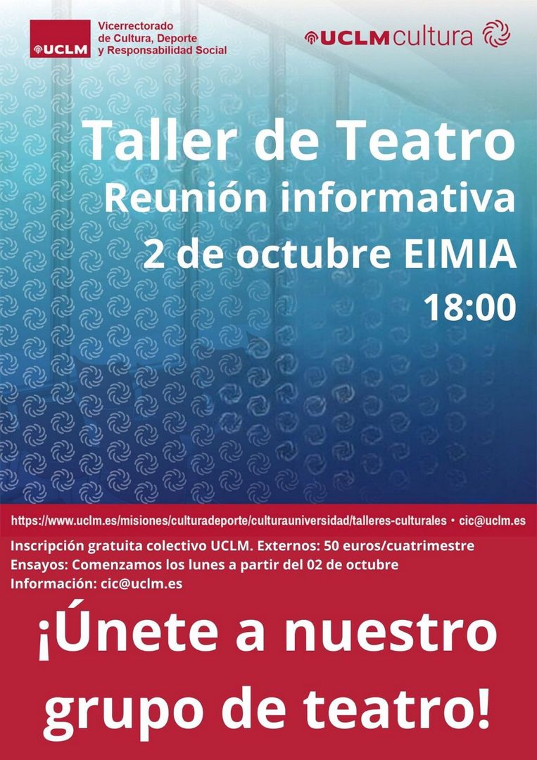 Cartel donde se convoca a una reunión informativa sobre el taller de teatro de la EIMIA que tendrá lugar el lunes, 2 de octubre de 2023 a las 18h00m